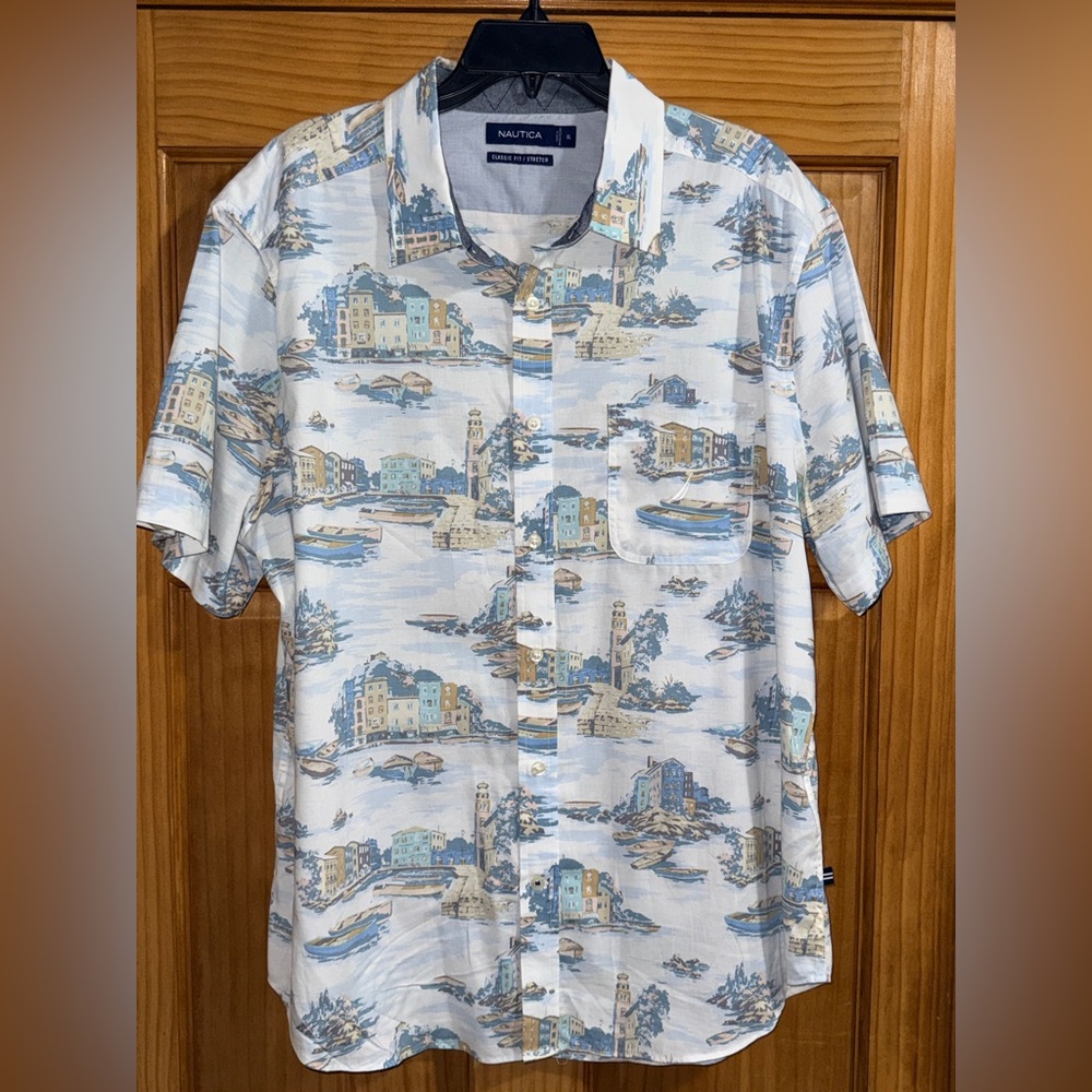 Nautica Men's Scenic Print Button Down Shirt - Blue and Tan - XL - EUC
